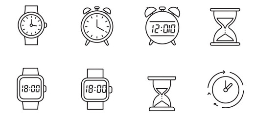 Black and white icon set featuring various timekeeping devices and time elements