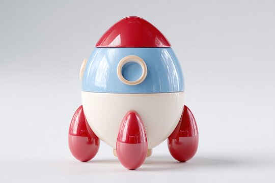 Playful Rocket Ship: A vibrant rocket ship toy poised for an imaginative journey, featuring a classic design and primary colors. - Powered by Adobe