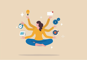 Multitasking or manage project, task or work efficiency, productivity or time management, workload balance or work responsibility concept, productive woman with multiple hands handle multitasking job.