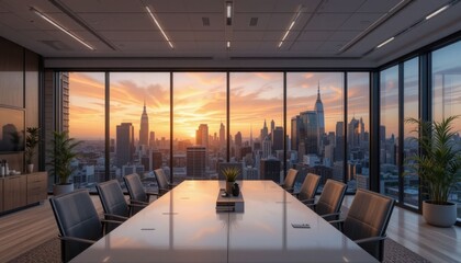 Fototapeta premium Contemporary Office Space with a View of the City Sunset