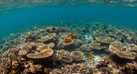 Fototapeta premium An underwater scene shows vibrant coral reefs teeming with diverse fish species