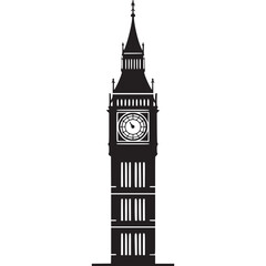 Black silhouette of big ben clock tower on transparent background