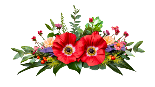 Floral arrangement with vibrant poppies and assorted greenery