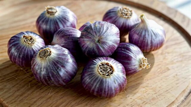 Purple-skinned one-headed garlic on chopping board Close-up of purple-skinned garlic