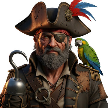 Veteran sea captain with a hook hand and eyepatch. A legendary buccaneer portrait with his colorful parrot companion.