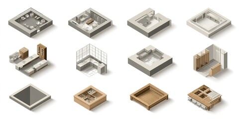 A set of vector icons for floor plans in an isometric view, with a flat design style using grey and brown colors on a white background.