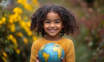 Young child smiling and holding a globe on World Earth Day, highlighting the importance of sustainability and environmental stewardship, Generative AI