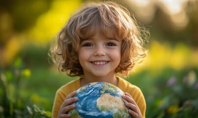 Young child smiling and holding a globe on World Earth Day, highlighting the importance of sustainability and environmental stewardship, Generative AI