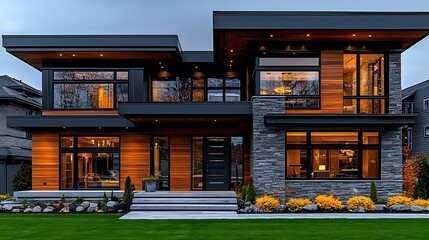 Modern home exterior with warm wood and stone accents.