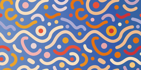 Abstract Retro Pattern with Circles and Waves on Blue Gradient Background
