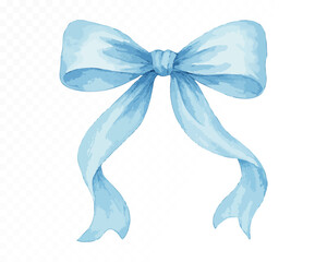 Light blue watercolor bow with soft texture and classic shape, perfect for decorative and festive design on transparent background. Vector illustration.