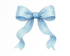 Vintage-style blue watercolor bow with elegant curves and soft hand-painted fabric texture on transparent background. Vector illustration.