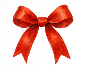Deep red watercolor bow with rich shading and bold fabric texture, hand-painted in vibrant tones on transparent background. Vector illustration.