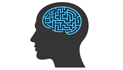 Human head silhouette with glowing maze inside representing confusion, isolated on transparent background.
