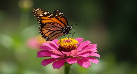 Fototapeta premium Butterfly on pink flower focus on insect and vibrant colors