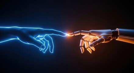 Artificial intelligence human hands connecting in a futuristic digital embrace