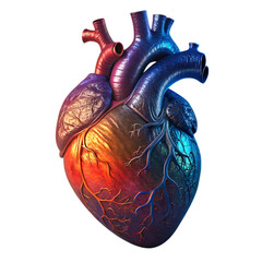 Anatomical human heart with vibrant rainbow colors on black background