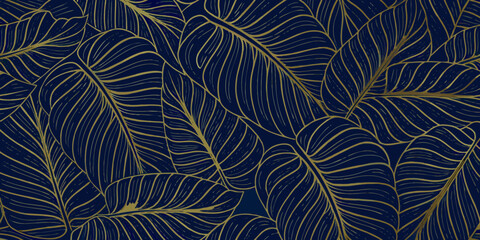 Elegant tropical leaves pattern with golden outlines on a dark blue background