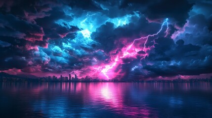 Fototapeta premium Dramatic cityscape at night with vibrant lightning strikes reflected in calm water.