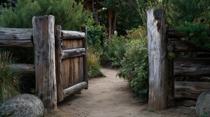 A rustic wooden gate, flanked by two old wooden posts and wide planks, leads to an overgrown garden path, symbolizing the entrance to your dream home.