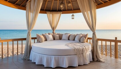A luxurious gazebo with a round sofa and cushions against the backdrop of the sea. Perfect for covers and advertising.