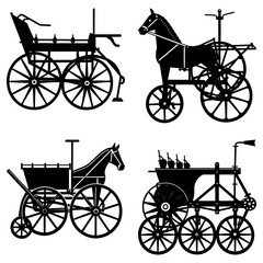 Fototapeta premium Four different horse drawn carriages and carts in black silhouette on a white background illustration