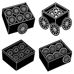 Four black and white boxes filled with citrus fruit slices and some boxes having wheels attached