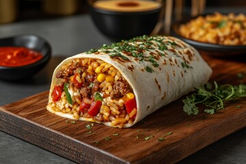 Close Up of a Delicious Burrito Filled with Flavorful Ingredients on a Wooden Board Ready to Eat