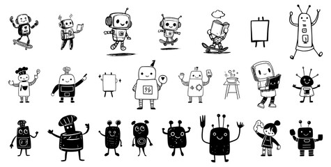 Robot vector collection, cute cartoon robots, hand drawn character set, technology illustration