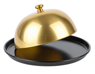  Golden Cloche with Lid Slightly Tilted to the Side, Casting Shadow, Transparent Background