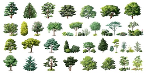 Fototapeta premium Top view of trees, bushes, and plants vector set on a white background. Illustration clip art collection isolated on a white background, with no shadow,