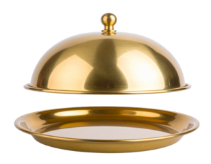 Golden Cloche with Lifted Lid and Steam Effect, Side Angle, Isolated on Transparent Background