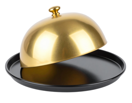  Golden Cloche with Lid Slightly Tilted to the Side, Casting Shadow, Transparent Background
