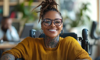 Inclusive image showing a happy smiling black African American disabled office colleague in a wheelchair, with tattoos and facial piercings, workplace diversity, Generative AI