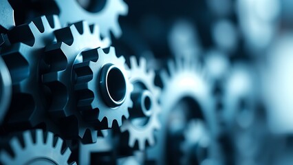 Abstract composition of metallic blue gears against a smooth blurred background, industrial aesthetic.