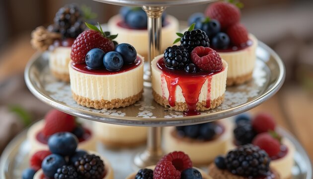 Tiered platter of mini cheesecakes topped with strawberries, blueberries and raspberries. For advertising, covers, culinary and holiday projects