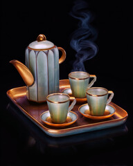 Art Deco tea set with stylized steam, symmetrical cups and tray, gold and jade color scheme, refined ritual aesthetic