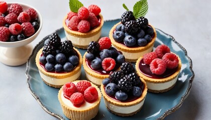 Mini desserts with berries and cream on a wooden tray. Great for advertising and covers.