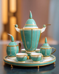Art Deco tea set with stylized steam, symmetrical cups and tray, gold and jade color scheme, refined ritual aesthetic