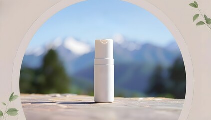Minimalist white bottle with a scenic mountain landscape behind an arched frame Product Mockup