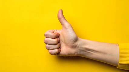 Hand thumbs up gesture on yellow approval positive