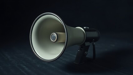 Vintage megaphone placed dramatically on a dark textured surface with cinematic side lighting.