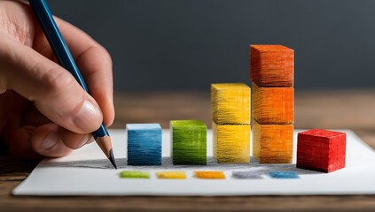 Hand drawing graph with colorful blocks on paper.