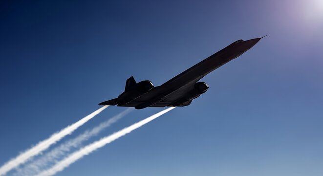 Sr71 blackbird soars through the sky leaving contrails behind it