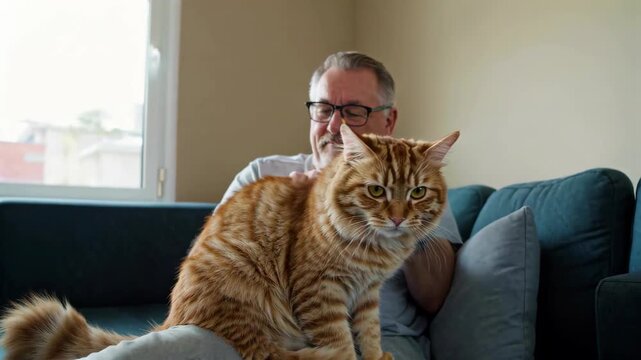 Man stroking orange long-haired cat on sofa Man and pet cat Wen