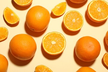 Fresh ripe oranges on beige background, flat lay