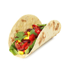 Tasty vegetarian taco with beans and vegetables isolated on white