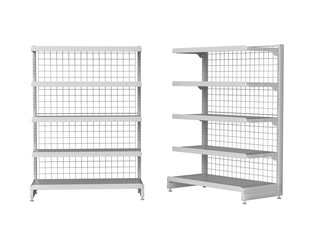 White supermarket shelving display or bookstore racks. Empty white retail display shelves supermarket gondola mockup. Store Shelves.  © POSMGUYS