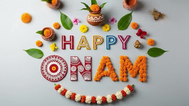A vibrant 'Happy Onam' greeting text decorated with colorful marigold flowers, traditional clay pots, and fresh green leaves on a festive background.