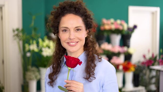 Female florist smells a single red rose and smiles at the camera in a flower shop, surrounded by colorful flowers
